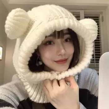 Шапка с медвежьими ушками, шарф, встроенная шапка-ушанка, женская осенне-зимняя универсальная шапка-балаклава, вязаная шерстяная шапка, прилив