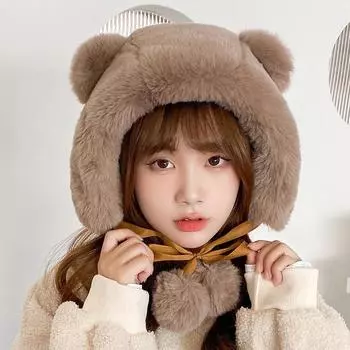 Шапка с медвежьими ушками женская осенне-зимняя милая и милая шапка Lei Feng плюшевая ветрозащитная теплая защита ушей для езды на велосипеде One Size серый
