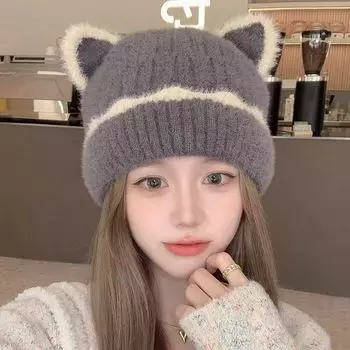 Шапка с милыми кошачьими ушками для женщин, осень и зима, японская вязаная шерстяная шапка, теплая защита ушей, большая окружность головы, защита от холода