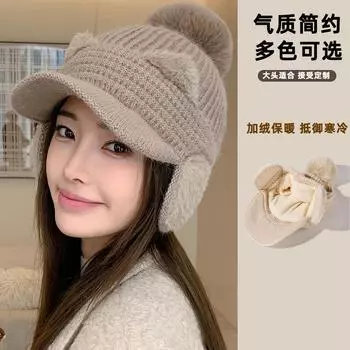 Шапка с мультяшными кошачьими ушками и кроличьей шерстью Бейсбольная кепка Женская зимняя версия для студентов, уменьшающая возраст, термошапка M56-58cm чёрный