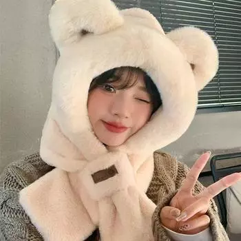 Шапка с плюшевым медведем, женский шарф, встроенный утолщенный шарф, симпатичная зимняя универсальная теплая шапка-ушанка для езды на велосипеде бежевый