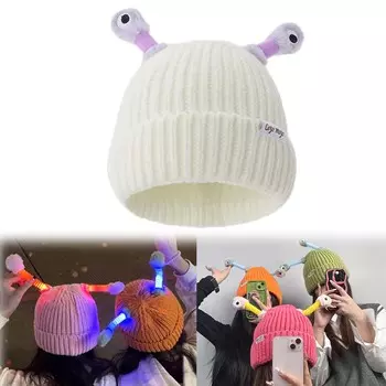 Шапка с щупальцами монстра, Милая светящаяся вязаная шапка с маленьким монстриком, Вязаная шапка с щупальцами монстра, Зимняя светящаяся вязаная шапка с монстром белый