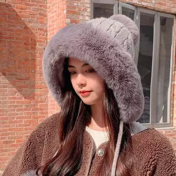 Шапка с шариками для волос, милая зимняя новая вязаная шерстяная шапка из трех шариков, теплая женская шапка с защитой ушей розовый