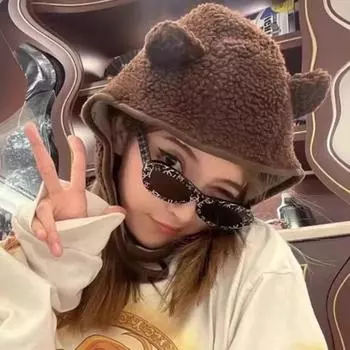 Шапка с ушками бурого медведя, шарф, шапки-бини для мужчин и женщин, зимний защитный шлем из минеральной ваты с магнитной пряжкой, защитная шапка с ушами M56-58cm бежевый