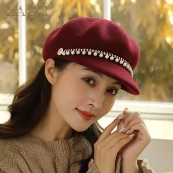 Шапка с утиным языком, женская, осень-зима, модная, берет-тыква, универсальная, шерстяная, восьмиугольная, короткая шляпа-карниз, шляпа газетчика M (55-58cm) чёрный