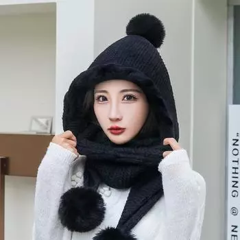 Шапка-шарф, цельная зимняя бархатная толстая теплая шерстяная шапка, женская меховая вязаная шапка с шариками серый