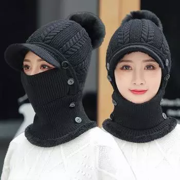 Шапка, шарф, цельновязаная шапка, женская зимняя защита ушей, защита лица, плюшевая шерстяная шапка, однотонная термошапка M56-58cm чёрный