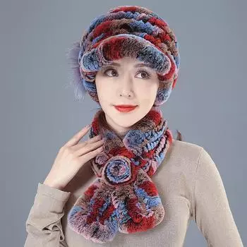 Шапка-шарф из меха кролика Рекс, два комплекта для пожилых женщин, женщин, осени, зимы, матери, бабушки hat бордовый