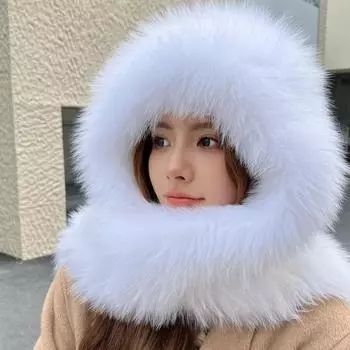 Шапка-шарф из плетеного лисьего меха, интегрированная зимняя теплая морозостойкая утолщенная кожаная шапка-шарф корейская версия белый