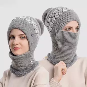 Шапка, шарф, комплект из одного предмета, женская зимняя вязаная шапка, бархатный теплый шарф, зимняя шерстяная шапка с защитой от холода