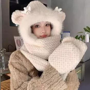 Шапка, шарф, перчатки, зимняя женская плюшевая шапка из трех частей, симпатичные наушники Longbao, шарф, теплая езда на велосипеде