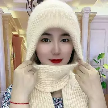 Шапка-шарф, универсальная женская зимняя теплая кроличья шерсть, с ушками, симпатичная вязаная защита шеи, защита от холода, для езды на велосипеде BG