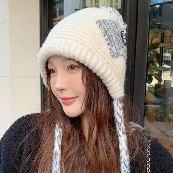 Шапка симпатичная шерстяная шапка холодная шапка шапка Lei Feng осенне-зимняя теплая шапка с карманом для мяча и шнурком для защиты ушей вязаная 2024 Adjustable