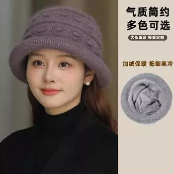 Шапка-тазик из меха кролика Temperament 2024 года, осень-зима, новая бархатная утолщенная теплая шапка-антимастер, шапка для бабушек среднего и пожилого возраста M56-58cm хаки