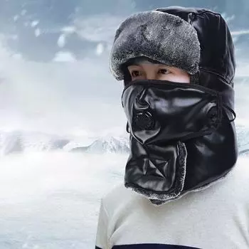 Шапка-ушанка для мужчин и женщин зимняя кожаная лыжная шапка с зимним ушным клапаном и лыжной ветрозащитной непромокаемой теплой маской для холодной погоды One Size чёрный