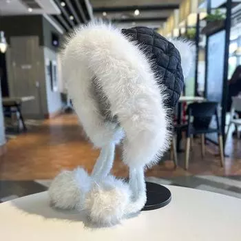 Шапка-ушанка из хлопка с пухом, женская, симпатичная, зимняя, утолщенная, холодная, теплая, плюшевая шапка average size (55-59cm) elastic хаки