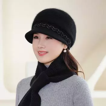 Шапка-ушанка из меха кролика для пожилых людей среднего возраста на осень-зиму, модная шапка для мам с бархатным утеплителем, ветрозащитная вязаная шапка и шарф Single hat чёрный