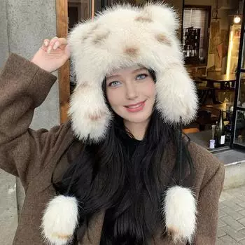 Шапка-ушанка с медвежьими ушками для взрослых, зимняя шапка-ушанка с помпоном, ветрозащитная шапка из искусственного меха с хвостом для занятий зимними видами спорта, катания на лыжах B