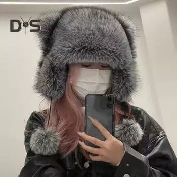 Шапка-ушанка с медвежьими ушками для взрослых, зимняя шапка-ушанка с помпоном, ветрозащитная шапка из искусственного меха с хвостом для занятий зимними видами спорта, катания на лыжах B