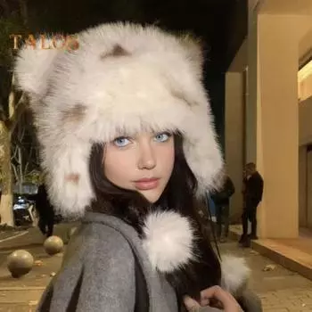 Шапка-ушанка с медвежьими ушками для взрослых, зимняя шапка-ушанка с помпоном, ветрозащитная шапка из искусственного меха с хвостом для занятий зимними видами спорта, катания на лыжах B