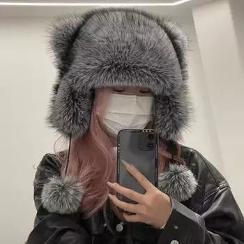 Шапка-ушанка с медвежьими ушками для взрослых, зимняя шапка-ушанка с помпоном, ветрозащитная шапка из искусственного меха с хвостом для занятий зимними видами спорта, катания на лыжах B