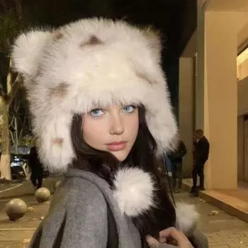 Шапка-ушанка с медвежьими ушками для взрослых зимняя шапка-ушанка с помпоном ветрозащитная B