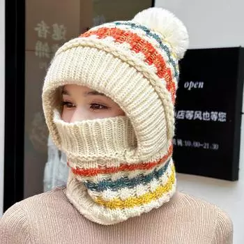 Шапка утолщенная вязаная шапка глушитель цельная шапка женская зимняя уличная утепленная цельная шапка полосатая розовый