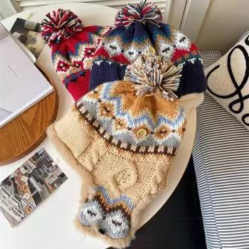 Шапка в этническом стиле, женская зимняя двухслойная, утолщенная и бархатная, теплая, с защитой ушей, плюшевая шапка, защита шеи, северо-восточная, хлопковая шапка, прилив M56-58cm красный