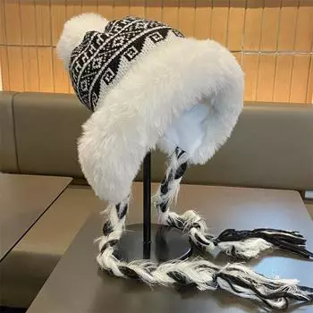Шапка в монгольском стиле с жаккардовыми ремешками из шерсти, женская зимняя, для велоспорта, катания на лыжах, утолщенная бархатная термоусадочная шапка M56-58cm