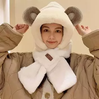 Шапка в виде плюшевого медведя, шарф, встроенное осеннее тепло, утолщенный искусственный мех кролика, милая шапка с ушками, зимний шарф с капюшоном average size бежевый