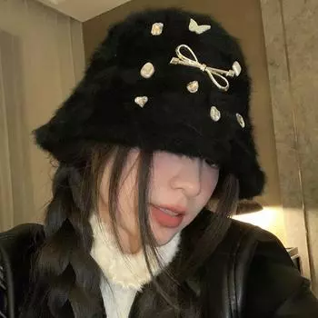 Шапка-ведро из меха кролика со стразами, женская, осенне-зимняя, универсальная, плюшевая, 2024, новая, теплая, маленькая, с капюшоном One Size (54-59cm)