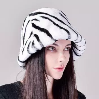 Шапка-ведро из шерсти кролика Рекс с полосками зебры, женская осенне-зимняя шапка-ракушка, большая окружность головы, закрывающая лицо, меховая шапка для рыбака
