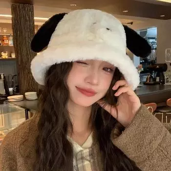 Шапка-ведро с ушками щенка, женская, осенне-зимняя, большая окружность головы, плюшевая, милая мордашка, маленькая теплая шапка M56-58cm