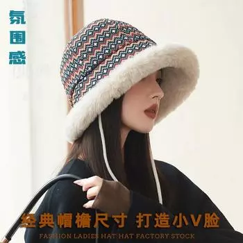 Шапка-ведро в этническом стиле с двойными шариками, утолщенная плюшевая, женская зимняя, ветрозащитная, теплая, с защитой от ушей, вязаная, для снега M56-58cm бежевый