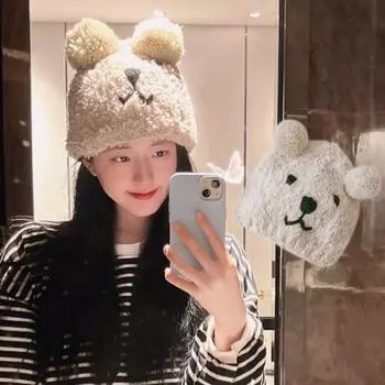 Шапка вязаная с ушками медведя зимняя плюшевая шапка модная маленькая шапка медведя теплая бежевый