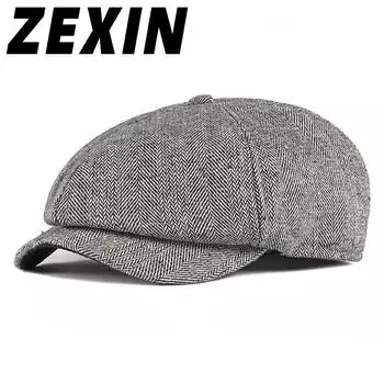 Шапка ZEXIN, осенне-зимняя теплая кепка, берет в британском стиле, утолщенная бархатная шапка с утиным языком 56-59cm чёрный