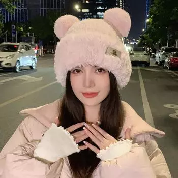 Шапка женская 2024 новая осенне-зимняя утолщенная плюшевая теплая шерстяная шапка с милыми медвежьими ушками для защиты ушей вязаная шапка One size бежевый