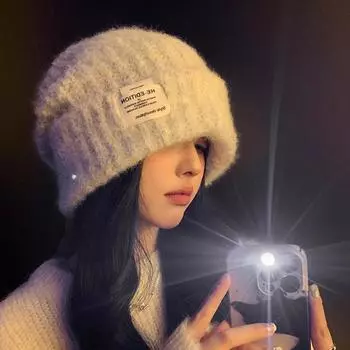 Шапка женская 2024 новая зимняя теплая шерстяная шапка большая окружность головы показывающая лицо маленькая свободная защита ушей вязаная шапка версия прилив M56-58cm
