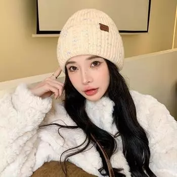 Шапка женская алфавит кожаная этикетка вязаная шерстяная шапка зимняя теплая студенческая пуловер шапка толстая