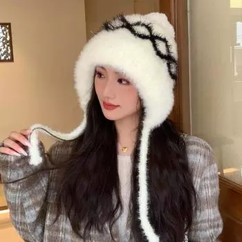 Шапка женская, цветная, длинная, веревочная, плюшевая, женская, зимняя, теплая, для защиты ушей, вязаная, шерстяная шапка One Size