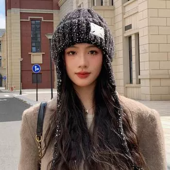 Шапка женская цветная ткань этикетка вязаная шерстяная шапка зимняя теплая холодная ветрозащитная толстая защита для ушей One Size