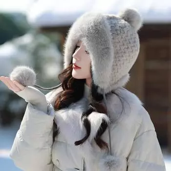 Шапка женская флисовая с кроличьей шерстью, вязаная шерстяная шапка, зимняя утолщенная теплая шапка Lei Feng, велосипедная шапка-ушанка