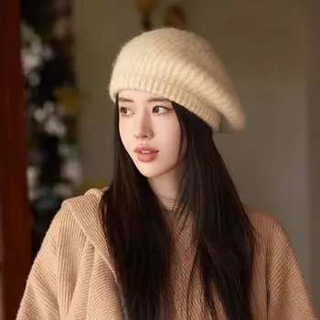 Шапка женская из меха кролика, теплая шерстяная вязаная шапка, однотонный универсальный берет, литературная и ретро-шляпа художника