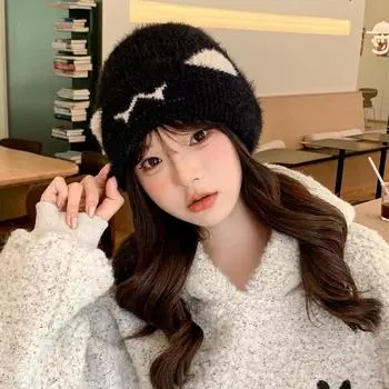 Шапка женская милая кошечка вязаная шерстяная шапка маленькая свежая зимняя студенческая пуловерная шапка