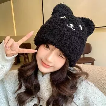 Шапка женская милая плюшевая вязаная шерстяная шапка с медведем зимняя теплая толстая защитная шапка для ушей