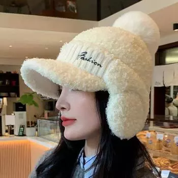 Шапка женская милая зимняя бархатная защита ушей холодный пуловер шапка плюшевая теплая шапка универсальная вязаная сумка ухо белый
