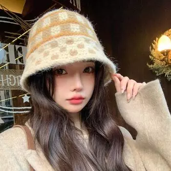 Шапка женская модная клетчатая вязаная шерстяная шапка зимняя теплая маленькая панама шляпа сумка Tide