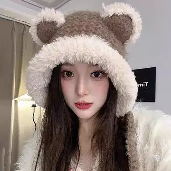 Шапка женская новая осенне-зимняя однотонная шапка с медвежьими ушками и плюшевой окантовкой, теплая и холодная, симпатичная шапка с ушками хаки