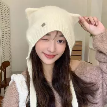 Шапка женская однотонная кроличья меховая вязаная шерстяная шапка с милыми кошачьими ушками зимняя теплая шапка с ушками