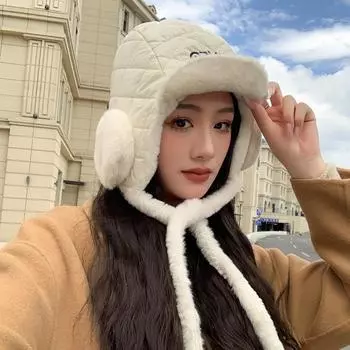 Шапка женская однотонная универсальная большая сумка для ушей на шнурке Lei Feng Hat зимняя теплая защита для ушей One Size